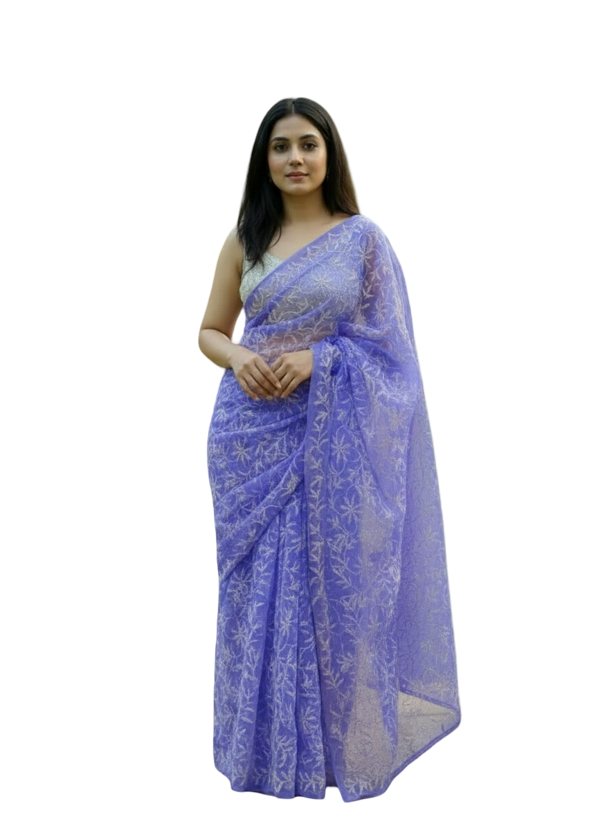 Lucknow Chikankari Georgette Saree with White Floral Embroidery
